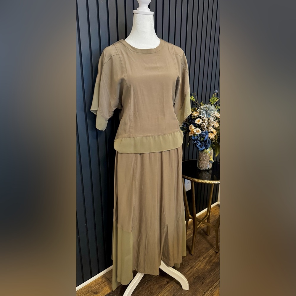 DKNY Olive Gauze Blouse and Asymmetrical Skirt